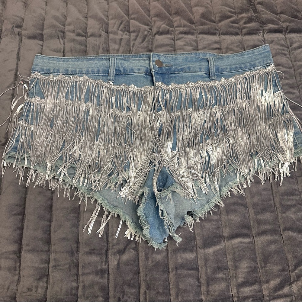 Stylish Blue Denim Shorts with Silver Fringe
